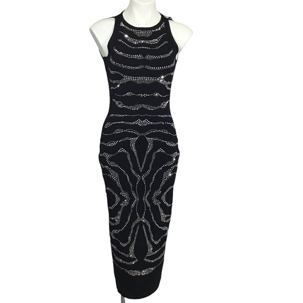 Karen Millen Dress Black Hotfix Mirrored Animal Print Knit Maxi New Size Medium